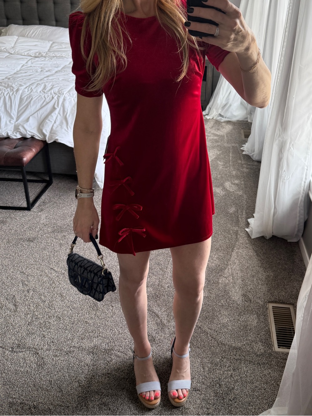 B. Darlin Red Velvet Shift Dress with Side Bows
